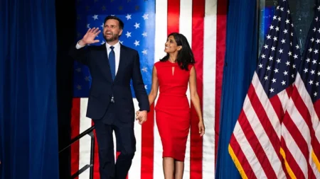 5Republican vice presidential nominee U.S. Sen. J.D. Vance (R-OH) walks out with his wife Usha Vance to speak during a rally with running mate U.S. Republican Presidential nominee former President Donald Trump at Herb Brooks National Hockey Center on July 27, 2024, in St Cloud, Minnesota. Trump hopes to flip the state of Minnesota this November, which hasn't been carried by a Republican in a presidential election since 1972. (Stephen Maturen/Getty Images))