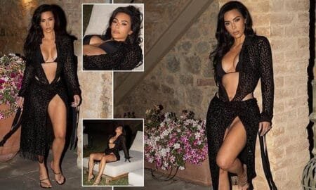 Kim Kardashian, 43, sizzled in a skimpy black bikini with a sheer sparkling black cover-up in a series on photos posted to her Instagram on Wednesday