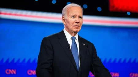 President Joe Biden stands at his podium during the first presidential debate of the 2024 elections between himself and former president Donald Trump at CNN's studios in Atlanta, Georgia, on Thursday, June 27, 2024. (Kevin D. Liles for The Washington Post via Getty Images)