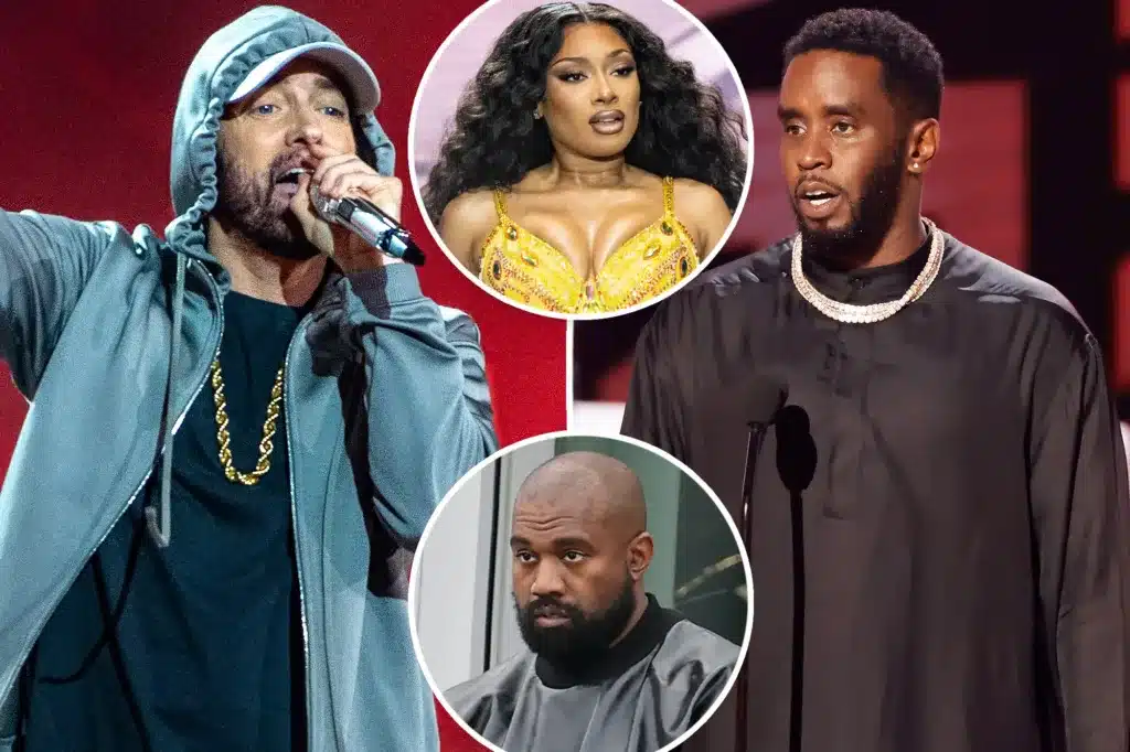 Eminem fired shots at Sean “Diddy” Combs, Kanye West and Megan Thee Stallion on his new album, “The Death of Slim Shady (Coup De Grâce).” Getty Images