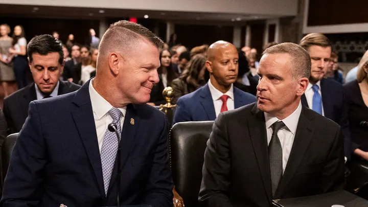 Secret Service Director Ronald Rowe Jr., left, speaks with FBI Deputy Director Paul Abbate before testifying on the security failures leading to the assassination attempt on former President Trump on July 30, 2024. (Roberto Schmidt/AFP via Getty Images)