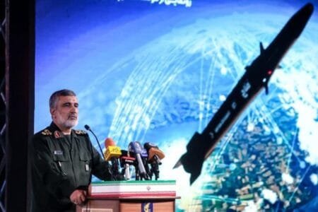 Commander of Aerospace Force of the Islamic Revolutionary Guard Corps Amir Ali Hajizadeh gives a speech as Iran presents its first hypersonic ballistic missile "Fattah" (Conqueror) at an event in Tehran, Iran, on June 6, 2023. (Sepah News / Handout/Anadolu Agency via Getty Images)