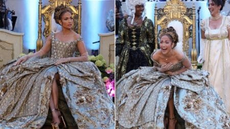 Jennifer Lopez in Manish Malhotra couture for Bridgerton theme birthday