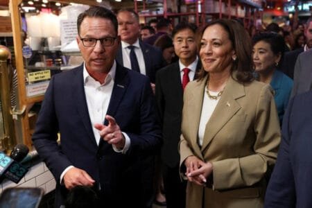 While McClelland did not offer details on her allegations about Shapiro (pictured here with Vice President Harris), The Philadelphia Inquirer said she “was likely referring to a sexual harassment scandal in Shapiro’s office last year.” REUTERS