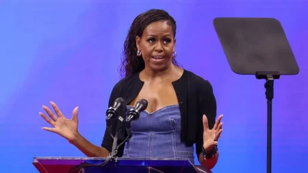 Michelle Obama attends opening night celebrating "50 years of equal pay" during the U.S. Open on Aug. 28, 2023. (Jean Catuffe/GC)