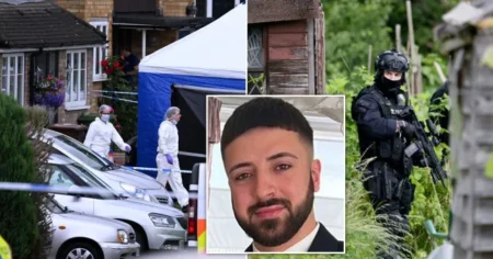 Kyle Clifford is in a ‘serious condition’ in hospital following the crossbow attack in Bushey. He was found by police in a cemetary (right) in North London yesterday (Picture: AP/SWNS)