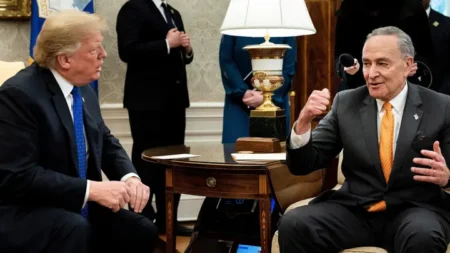 President Trump and Senate Minority Leader Charles E Schumer argue before a meeting at the White House