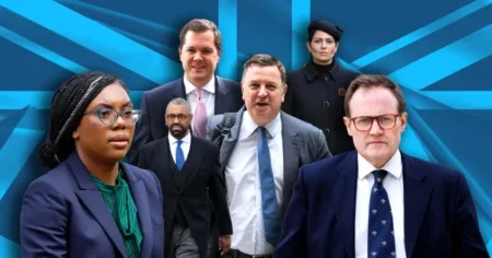 From left, Kemi Badenoch, James Cleverly, Robert Jenrick, Mel Stride, Priti Patel and Tom Tugendhat (Picture: Getty)