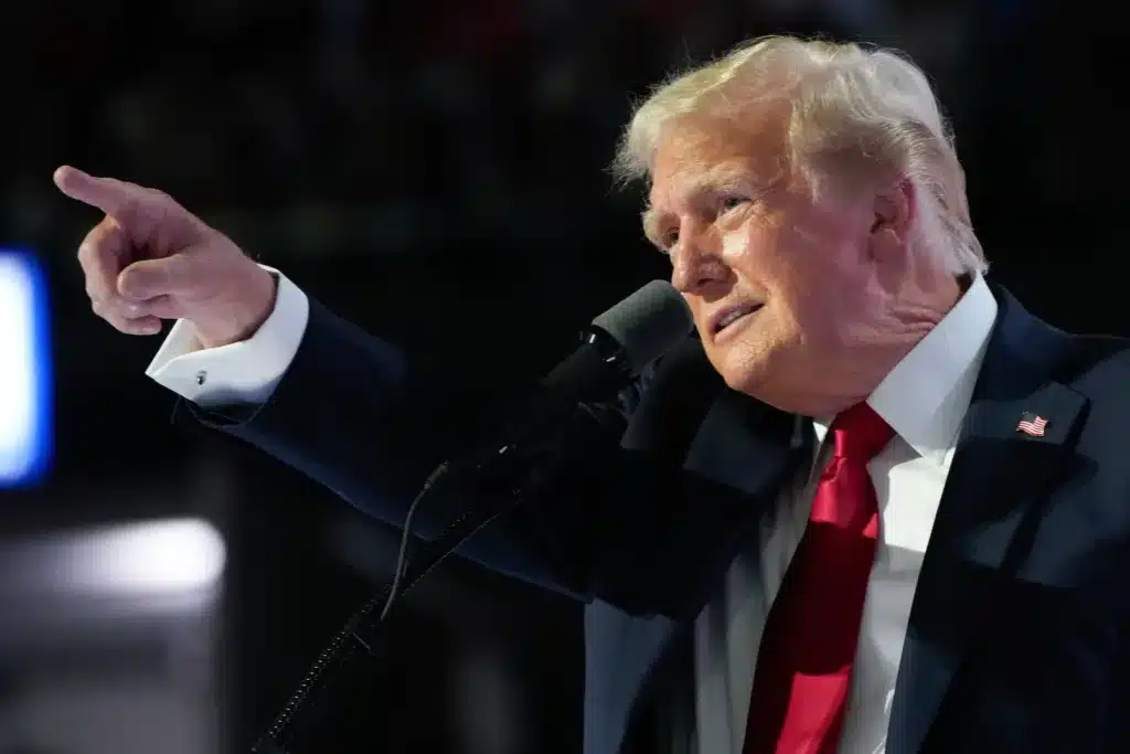 | Republican presidential candidate and former president, Donald Trump, speaks during the final day of the Republican National Convention Thursday, July 18, 2024, in Milwaukee. (AP Photo/Paul Sancya)