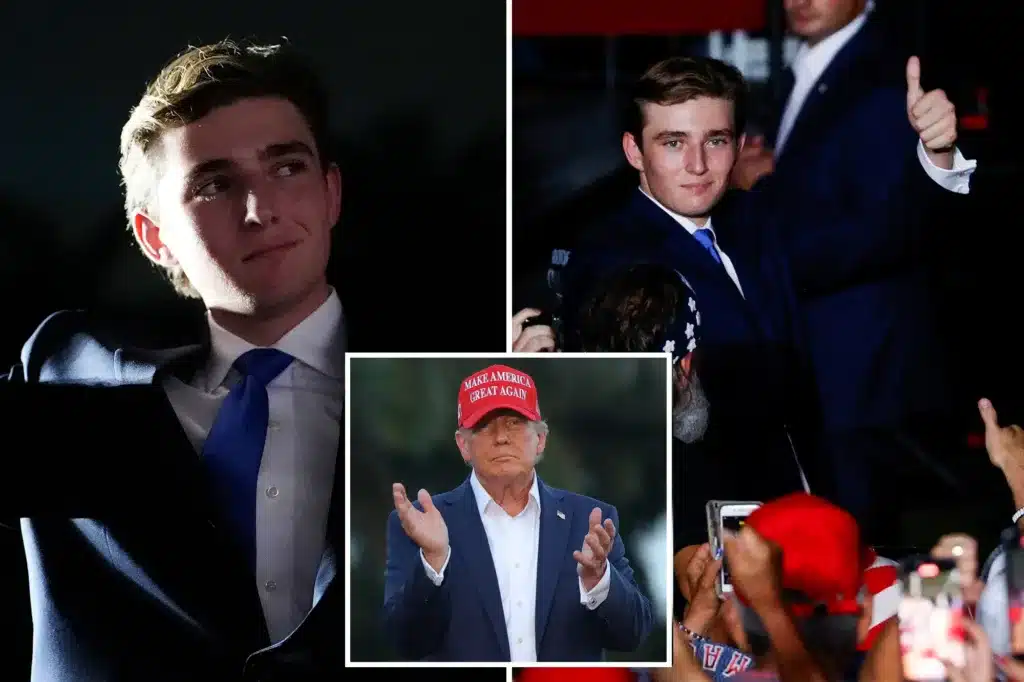 Barron Trump, son of former President Donald Trump, gives a thumbs-up at a campaign rally at Trump’s golf resort in Doral, Florida, on July 9, 2024. REUTERS