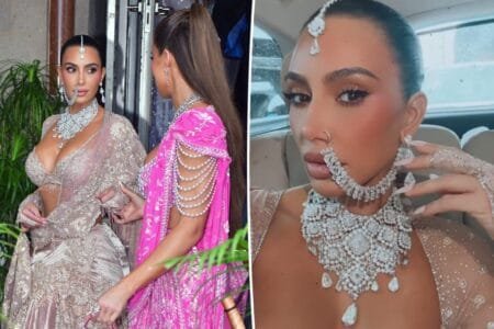 Kim Kardashian rocked an ornately decorated beige lehenga to Saturday’s festivities for Anant Ambani’s three-day, $600 million wedding to Radhika Merchant. Varinder Chawla / MEGA