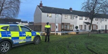 Gardaí at the scene of the killing in the Castle Park area of Tallaght. Image: Aoife Kearns/Newstalk