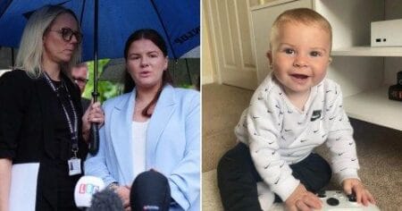 Sharlona Warner (on the right in the left-hand image) described frantically searching for her baby son Zackary after he was thrown from their car (Picture: PA)