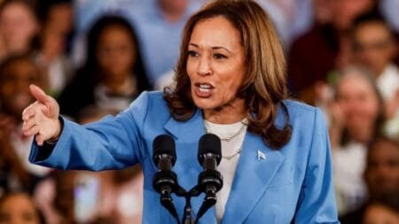 U.S. Vice President and Democratic presidential candidate Kamala Harris speaks at an event at the Hendrick Center for Automotive Excellence in Raleigh, North Carolina, U.S., August 16, 2024. Jonathan Drake | M10news