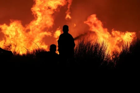 Firefighters try to extinguish a wildfire burning in Dionysos Greece August 12 2024