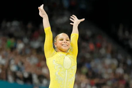 Flavia Saraiva of Brazil competes on the beam in the womenâs gymnastics all around during the Paris 2024 Olympic Summer Games at Bercy Arena on August 1 2024