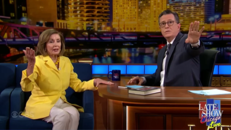 Former House Speaker Nancy Pelosi was interrupted by anti-Israel agitators during an interview with Late Show host Stephen Colbert Tuesday night. (Screenshot/CBS)