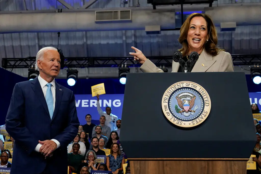 Harris delivers remarks on Medicare drug price negotiations. REUTERS/Elizabeth Frantz