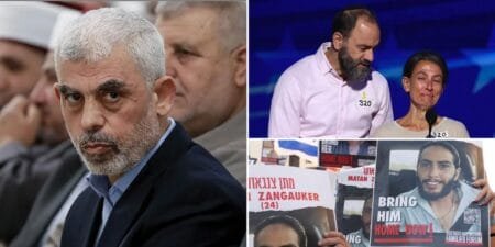 Head of Hamas terrorist group Yahya Sinwar (C) attends a meeting in Gaza City on April 30, 2022. (Mahmud Hams/AFP via Getty Images)