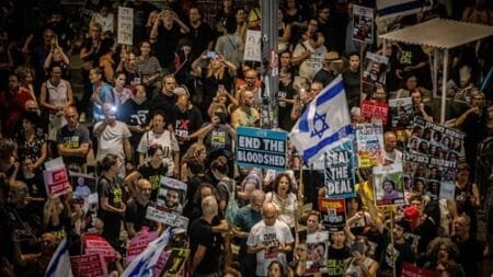 A rally in Tel Aviv at the weekend amid the ongoing conflict in the Gaza Strip between Israel and the Palestinian militant Hamas movement. Photograph: Gil Cohen-Magen/AFP via Getty Images