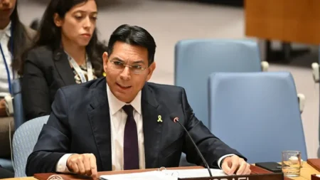 Israeli Permanent Member to the United Nations Danny Danon speaks during a session of the Security Council at the New York City headquarters Israel United Nations mission