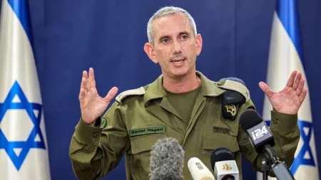 Israeli army spokesman Rear Admiral Daniel Hagari speaks to the press from The Kirya, which houses the Israeli Ministry of Defence, in Tel Aviv on October 18, 2023. (GIL COHEN-MAGEN/AFP via Getty Images)