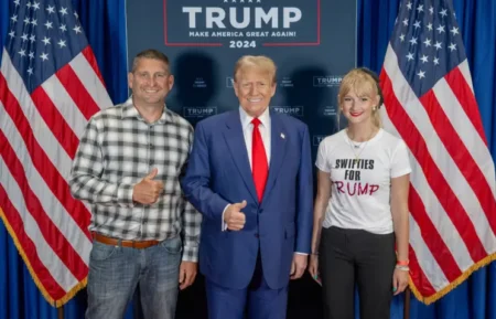 Jenna Piwowarczyk right the college student wearing a Swifties for Trump T shirt in Trumps Truth Social post met the former president at a Wisconsin rally with her dad