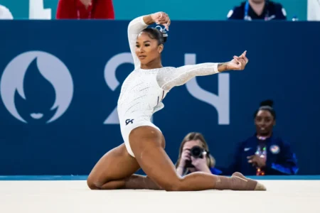 Jordan Chiles of Team United States in action Artistic Gymnastics Womens Floor Exercise Final on day ten of the Olympic Games Paris 2024 at the Bercy Arena on August 5 2024 in Paris France