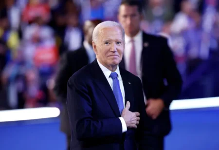 President Biden acknowledges applause after his speech during the first day of the Democratic National Convention at the United Center on Aug 19 2024 in Chicago Illinois