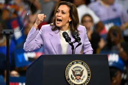 Vice President Kamal Harris speaking at a campaign rally in Las Vegas on Aug 14 2024