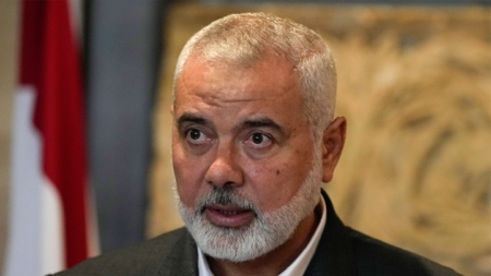 Ismail Haniyeh, leader of the Palestinian militant group Hamas, speaks to journalists after his meeting with Lebanese Parliament Speaker Nabih Berri, in Beirut, Lebanon, June 28, 2021. (AP)