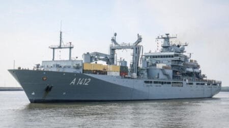 File photo of the Berlin-class replenishing ship A 1412 Frankfurt am Main of the German Navy (Bundesmarine) leaving its home port Wilhelmshaven, northwestern Germany, for the Indo-Pacific Deployment, May 7, 2024. © Focke Strangmann, AFP
