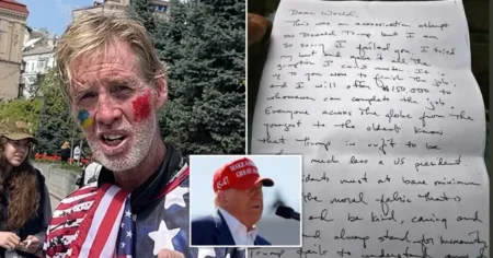 A letter (right) allegedly written by Ryan Wesley Routh (left) was turned into authorities after an apparent second attempt to assassinate ex-President Donald Trump (center) (Picture: Getty Images/US District Court for the Southern District of Florida)