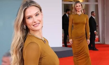Bar Refaeli was the epitome of elegance in a gold gown as she graced the Nuovo IMAE Awards red carpet on the penultimate day of the 81st Venice International Film Festival on Friday