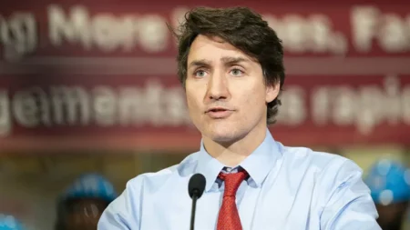 Canadian Prime Minister Justin Trudeau speaks during a news conference at the College of Carpenters and Allied Trades Training Centre in Woodbridge, Ontario, on April 12. (Arlyn McAdorey/Bloomberg via Getty Images)