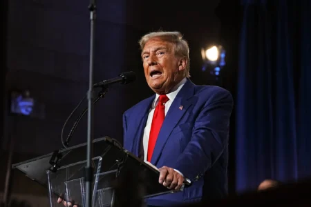 Former President Donald J. Trump spoke on Thursday at the Economic Club of New York.Credit...Doug Mills/The New York Times