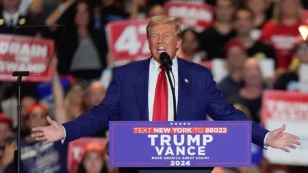 Former President Donald Trump speaks during a rally on Wednesday, Sept. 18, 2024 in Uniondale, New York. (AP Photo/Frank Franklin II)