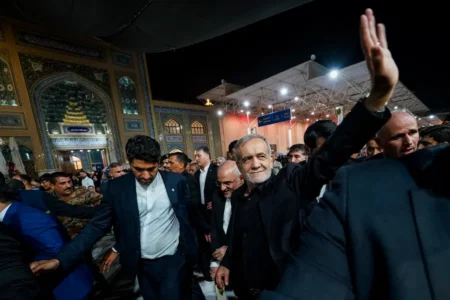 Iran's President Masoud Pezeshkian visits the holy shrine of Imam Ali, in the southern Iraqi city of Najaf, Thursday, Sept 12, 2024. AP