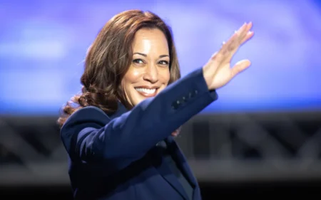 Vice President Kamala Harris speaking at the Sigma Gamma Rho Sorority Inc.'s 60th International Biennial Boule at George R. Brown Convention Center in Houston, Texas, on 31 July, 2024. Photo: Reginald Mathalone / NurPhoto / AFP