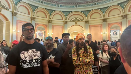 Members of Coalition for a Just and Equitable California protest in the rotunda on the last day of the legislative year Saturday Aug 31 2024 in Sacramento