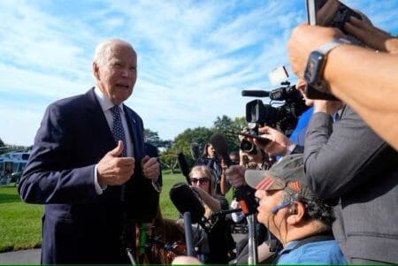 President Joe Biden talks to reporters on the South Lawn of the White House Sept 2 2024 in Washington