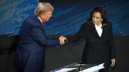 US Vice President and Democratic presidential candidate Kamala Harris R