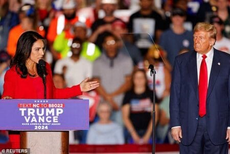 Former U.S. Rep. Tulsi Gabbard speaks at a campaign rally of Republican presidential nominee and former U.S. President Donald Trump.REUTERS