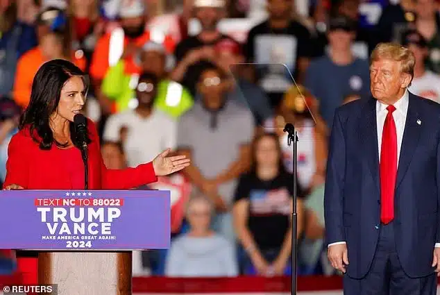 Former U.S. Rep. Tulsi Gabbard speaks at a campaign rally of Republican presidential nominee and former U.S. President Donald Trump.REUTERS