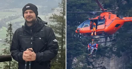 Andreas Münzhuber, 37, from Freising, was part of a 30-person expedition attempting to scale the Untersberg mountain in Bavaria (Picture: Markus Leitner/Bavarian Red Cross)