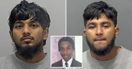 Ashraf Habimana (centre) was stabbed to death by Althaf Hussaindeen (left) and Athif Hussaindeen (right) (Picture: PA)