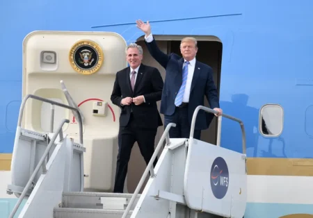 Donald Trump and Kevin McCarthy arrive in Air Force One at LAX Airport on April 5 2019 in Los Angeles California