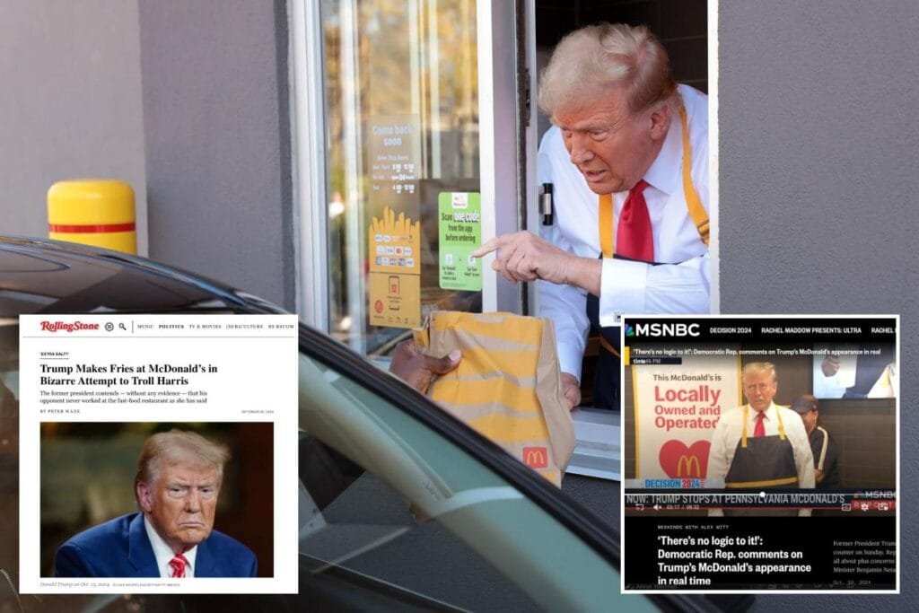 Donald Trump serves a drive thru at McDonalds with two photos of news coverage below