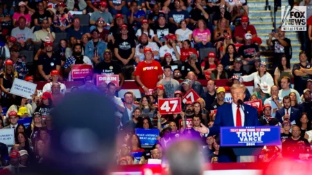 Former President Donald Trump speaks at a rally in Uniondale New York on Wednesday September 18 2024