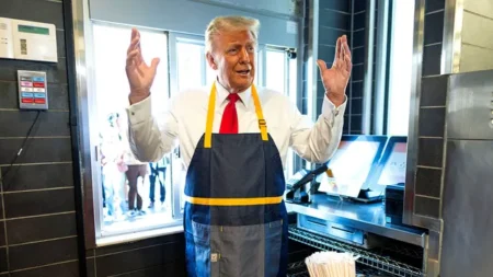 Former President Trump works the drive thru line at a McDonalds on Oct 20 2024 in Feasterville Trevose Pennsylvania